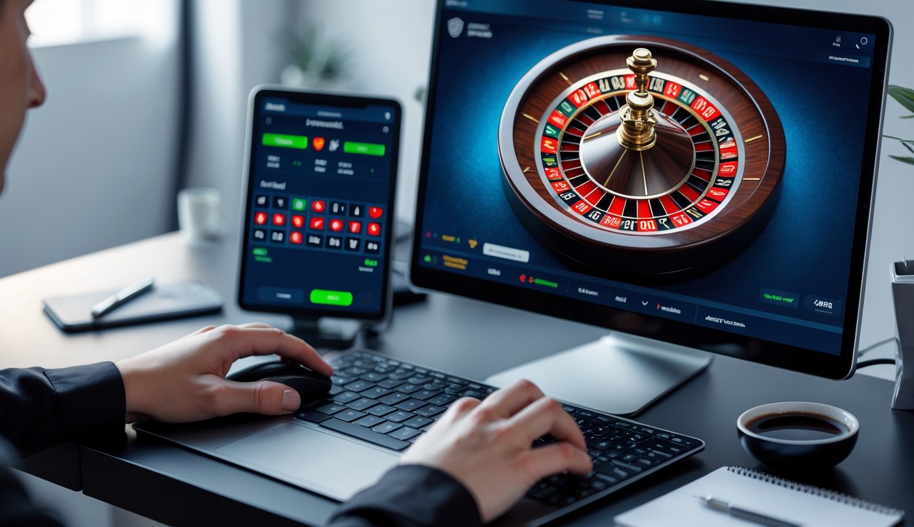 Seseorang bermain roulette online di komputer dengan tampilan roda roulette digital yang jelas dan lingkungan kerja modern.