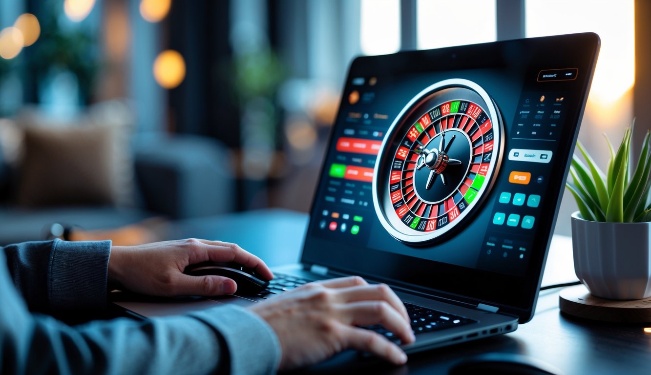 Seorang pemain sedang fokus menggunakan komputer dengan tampilan roda roulette digital yang berwarna cerah di layar.