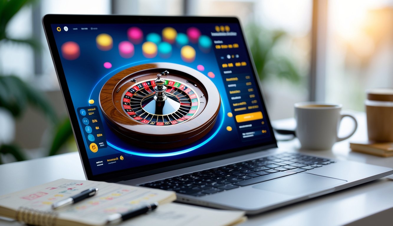 Seorang pemain sedang fokus pada layar komputer yang menampilkan roda roulette digital dengan catatan dan pena di meja.