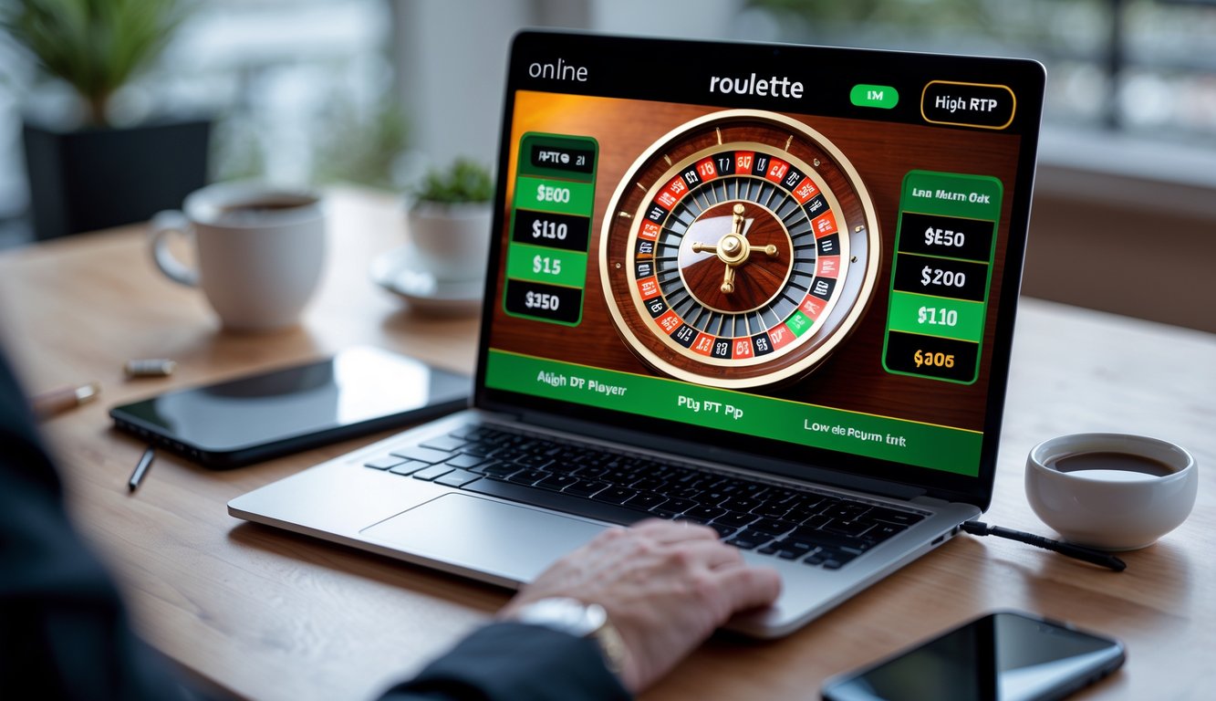 Layar laptop menampilkan permainan roulette online dengan roda roulette digital yang berwarna cerah di atas meja kayu dengan beberapa alat tulis dan cangkir kopi di sekitarnya.