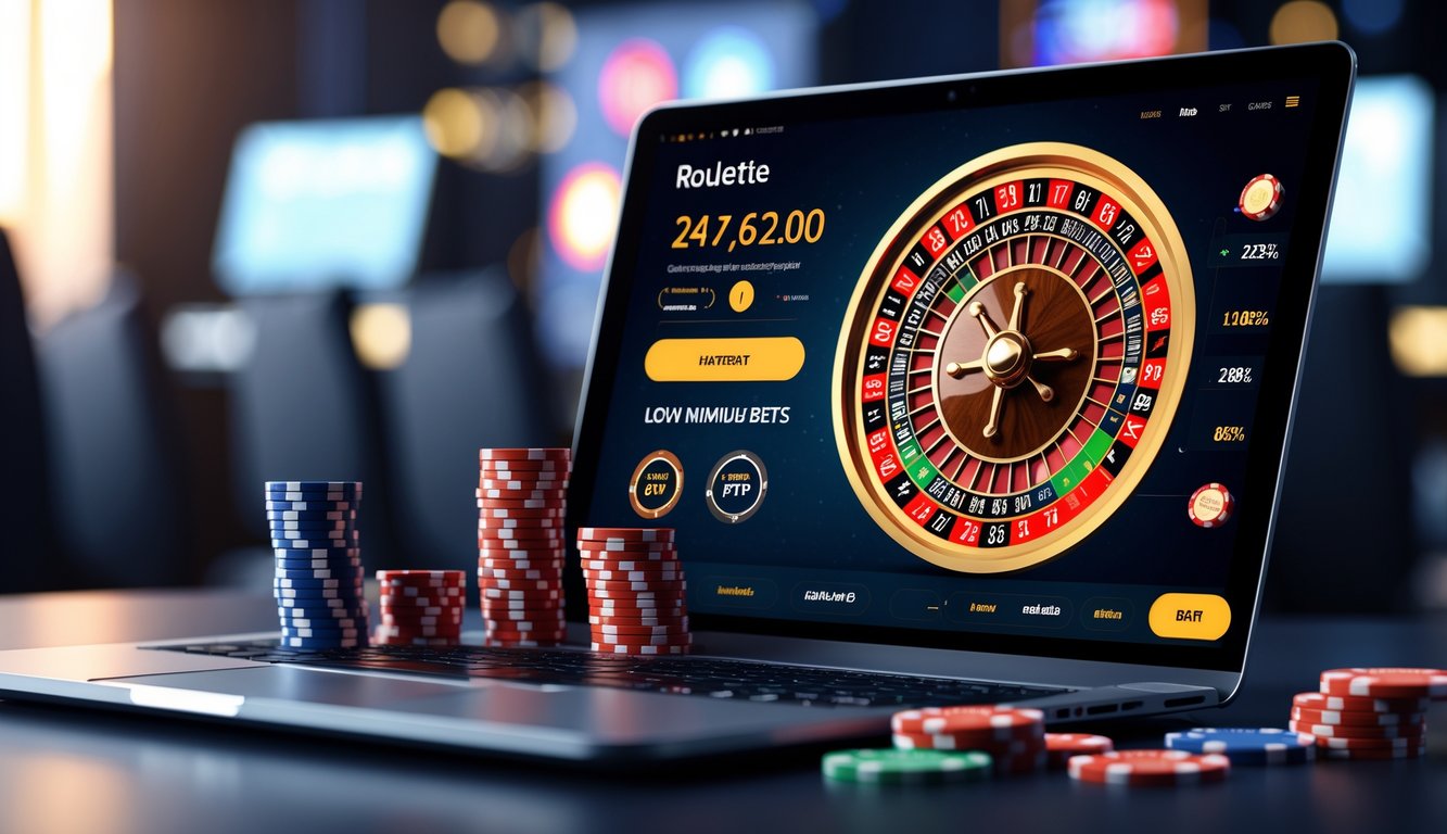 Layar laptop menampilkan permainan roulette online dengan roda roulette dan chip taruhan di meja permainan.