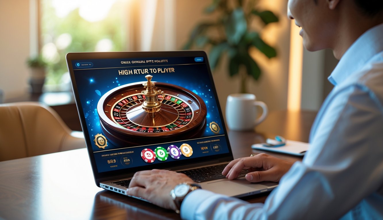 Seorang pemain Indonesia menggunakan laptop dengan tampilan permainan roulette online yang sedang berputar di layar dalam ruangan yang nyaman dan profesional.