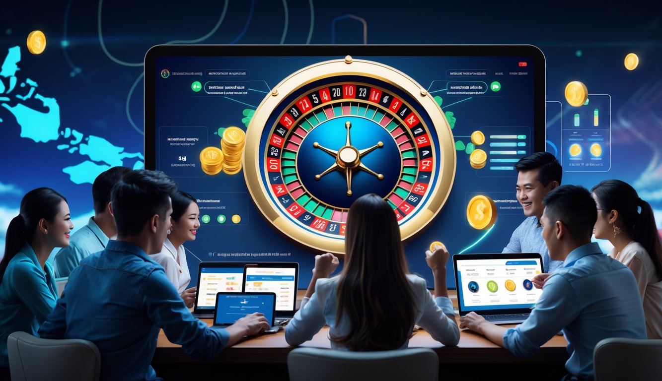 Beberapa pemain Indonesia menggunakan platform roulette online dengan antarmuka digital modern dan roda roulette yang berwarna-warni di layar perangkat mereka.