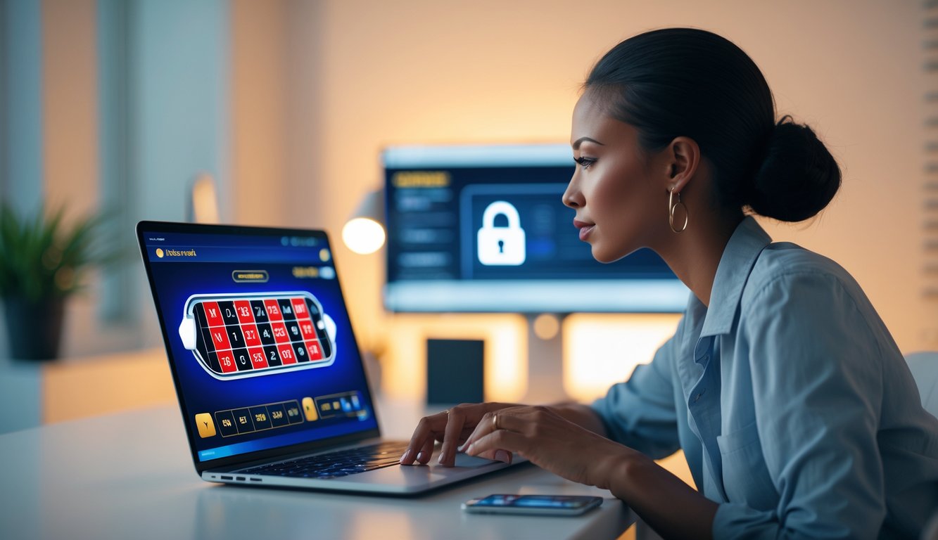 Seseorang duduk di meja dengan laptop yang menampilkan permainan roulette online, terlihat fokus dan serius.
