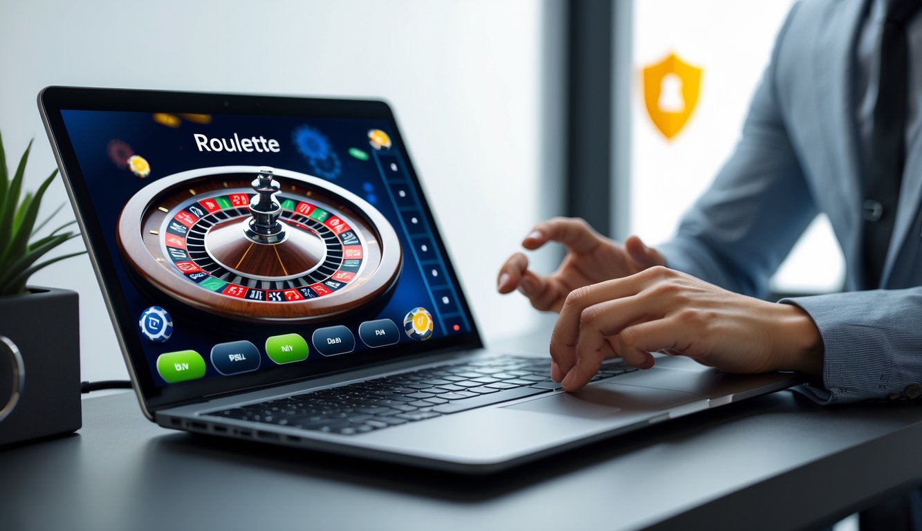 Seseorang menggunakan laptop dengan tampilan roda roulette digital dan simbol keamanan di latar belakang.