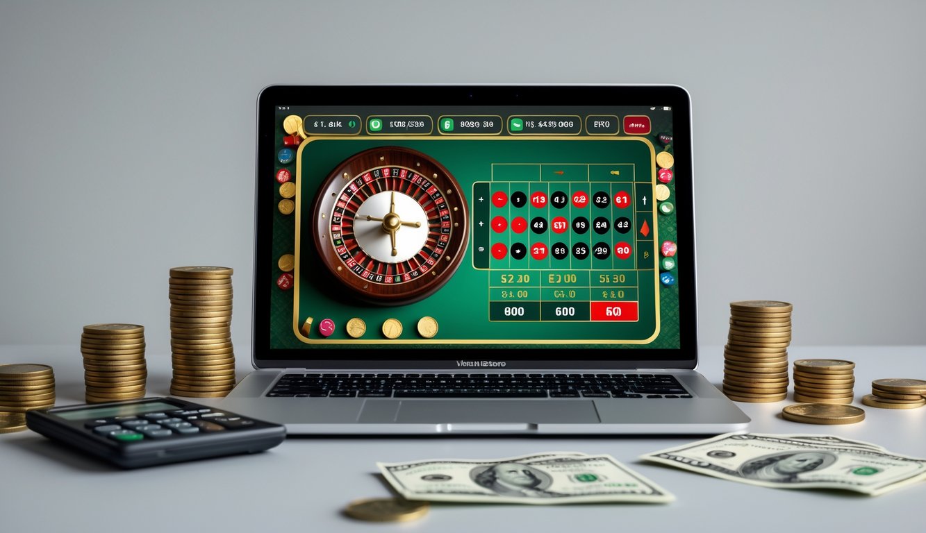 Sebuah laptop menampilkan permainan roulette online dengan grafik roda roulette dan opsi taruhan, di atas meja dengan tumpukan koin kecil dan kalkulator.