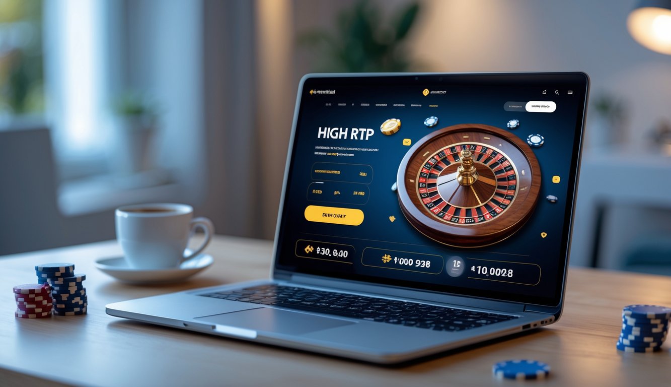 Seorang pengguna sedang melihat layar laptop yang menampilkan permainan roulette online dengan latar belakang meja kerja yang rapi.