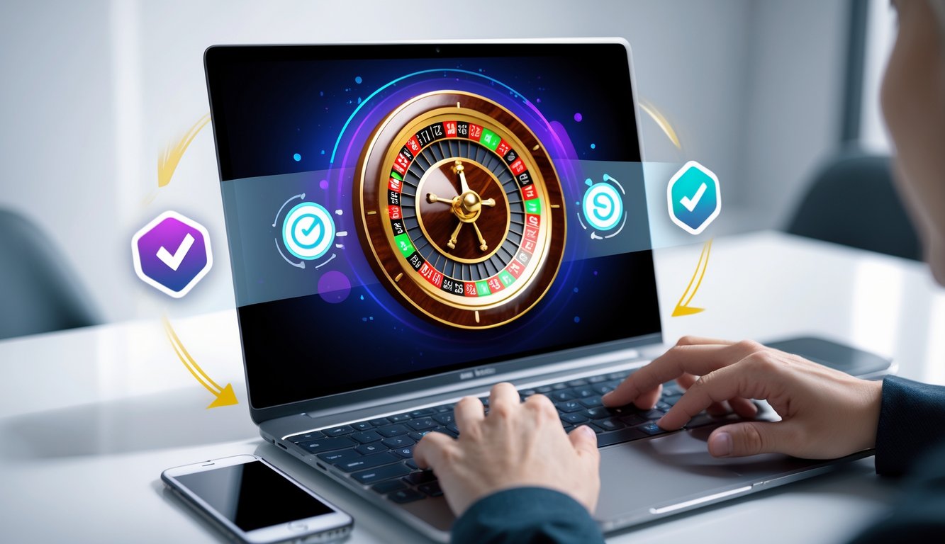 Seorang pemain menggunakan komputer untuk bermain roulette online dengan tampilan roda roulette digital yang jelas dan simbol keamanan di sekitar layar.