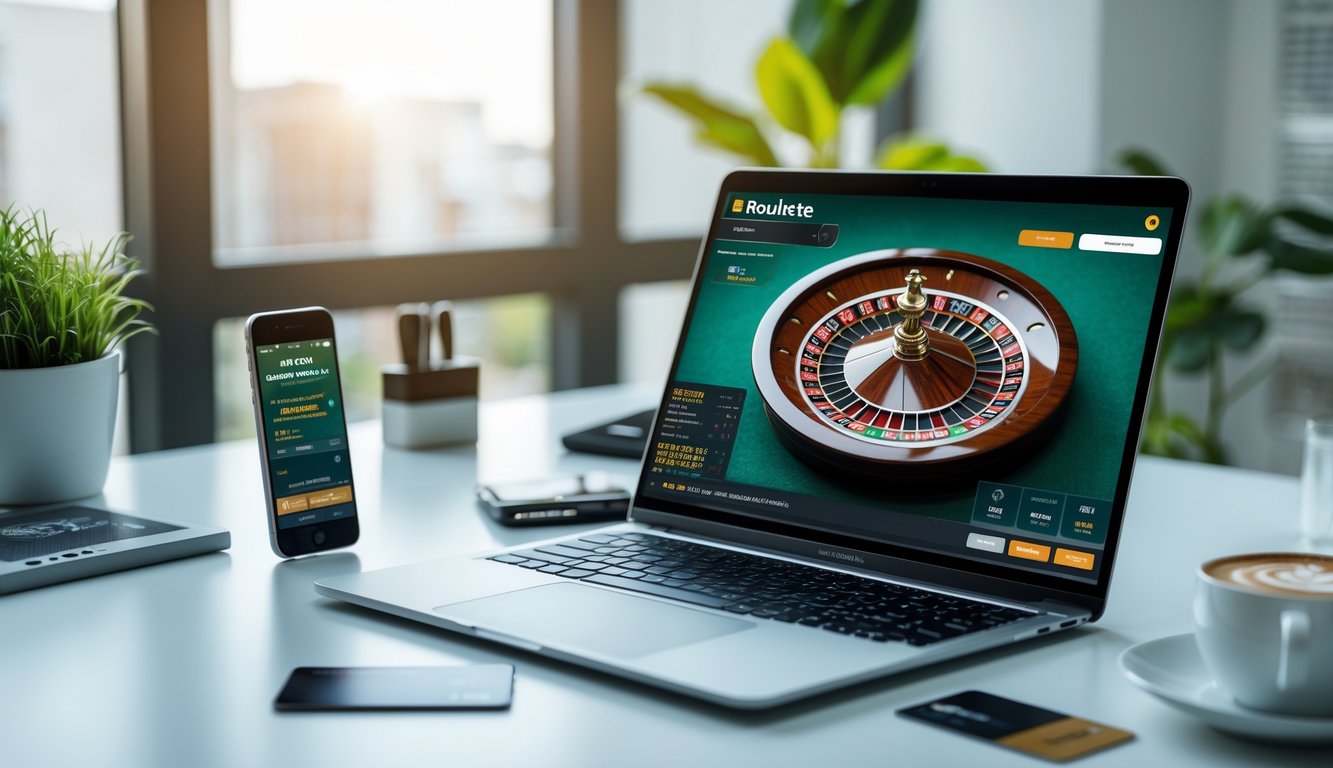 Seorang pria menggunakan laptop dengan tampilan roda roulette online di layar, dikelilingi oleh ponsel, kartu kredit, dan cangkir kopi di meja kerja yang rapi.