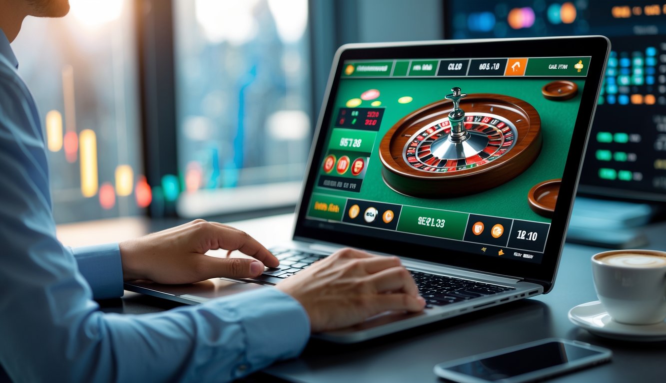 Orang duduk di depan laptop bermain roulette online dengan tampilan roda roulette yang cerah dan fokus pada layar.