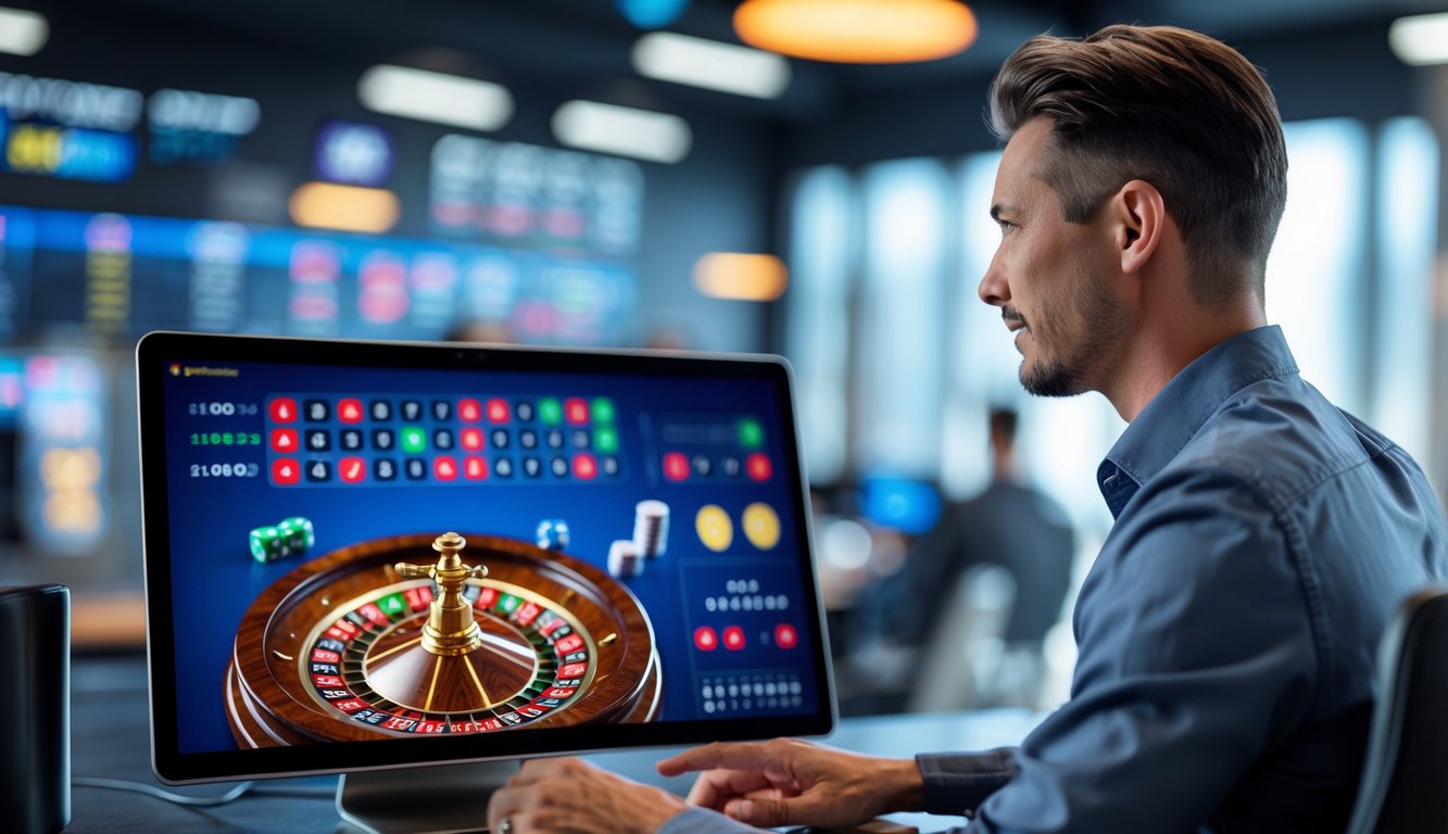 Seorang pemain dewasa fokus bermain roulette online di depan layar komputer dengan roda roulette yang jelas terlihat.