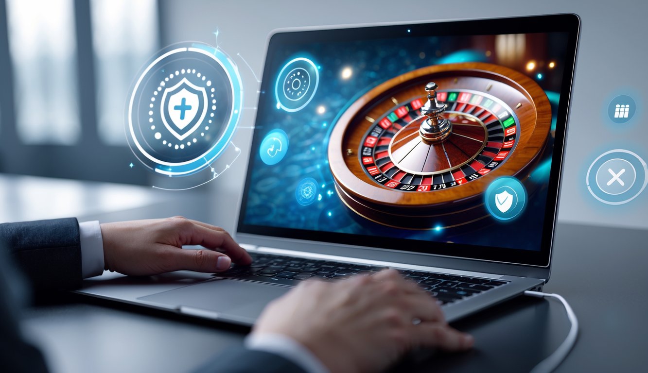 Sebuah layar komputer menampilkan roda roulette digital yang berputar dengan latar belakang bersih dan elemen simbol keamanan dan keadilan.