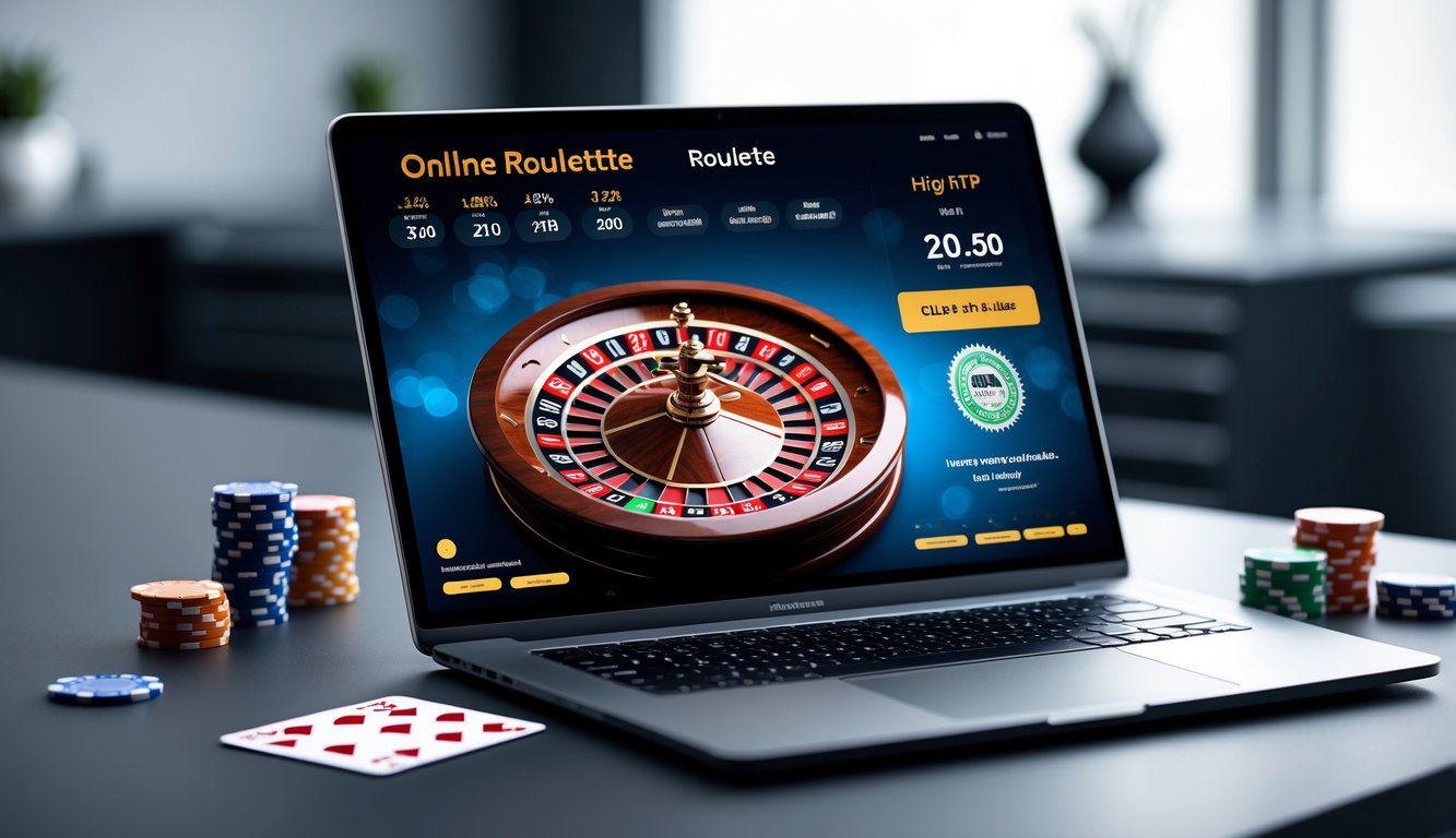 Seorang pengguna melihat layar laptop yang menampilkan permainan roulette online dengan roda roulette berwarna cerah dan statistik RTP tinggi, di meja kerja yang rapi dengan beberapa chip poker di sampingnya.