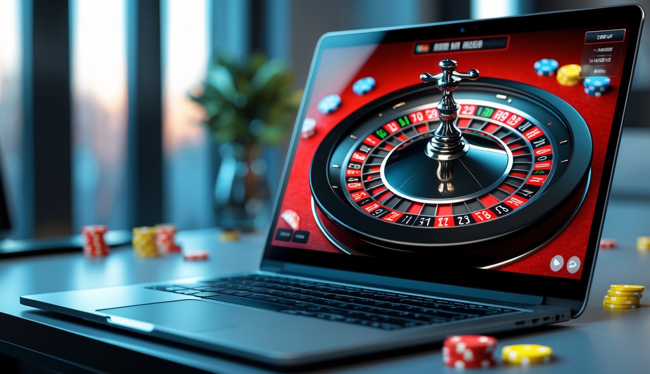 Sebuah meja dengan laptop yang menampilkan roda roulette digital dan chip taruhan di sekitarnya.