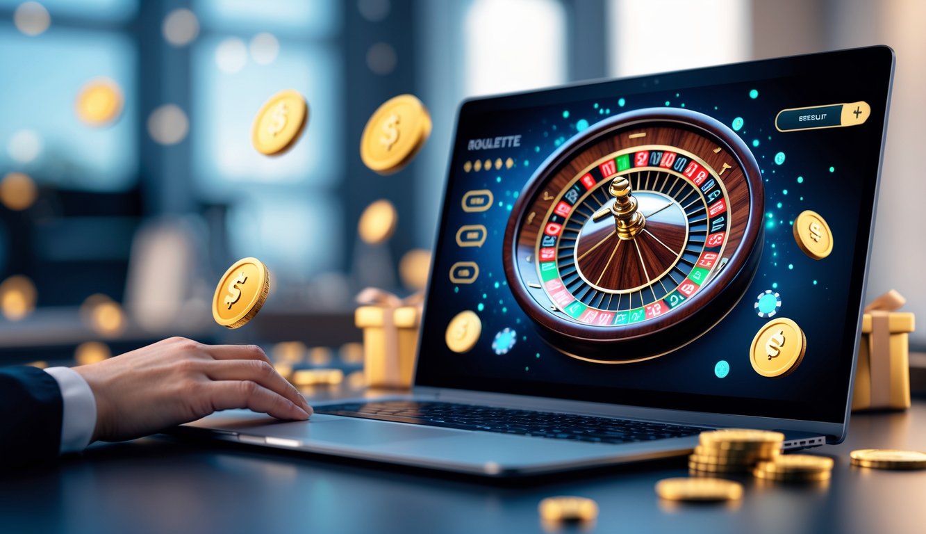 Sebuah setup permainan roulette online dengan komputer menampilkan roda roulette yang berputar dan koin digital di sekitarnya.