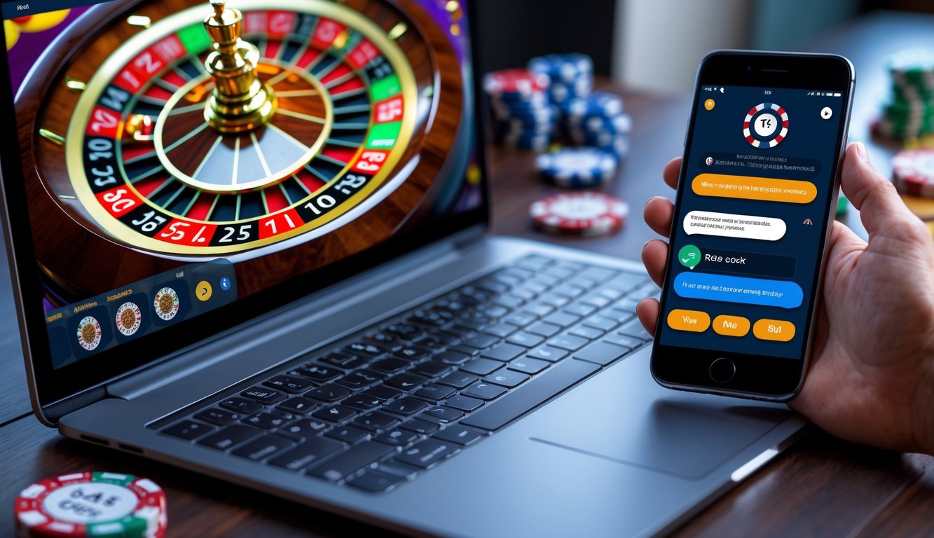Seseorang menggunakan komputer dan ponsel yang menampilkan permainan roulette online dengan dukungan layanan pelanggan 24 jam.