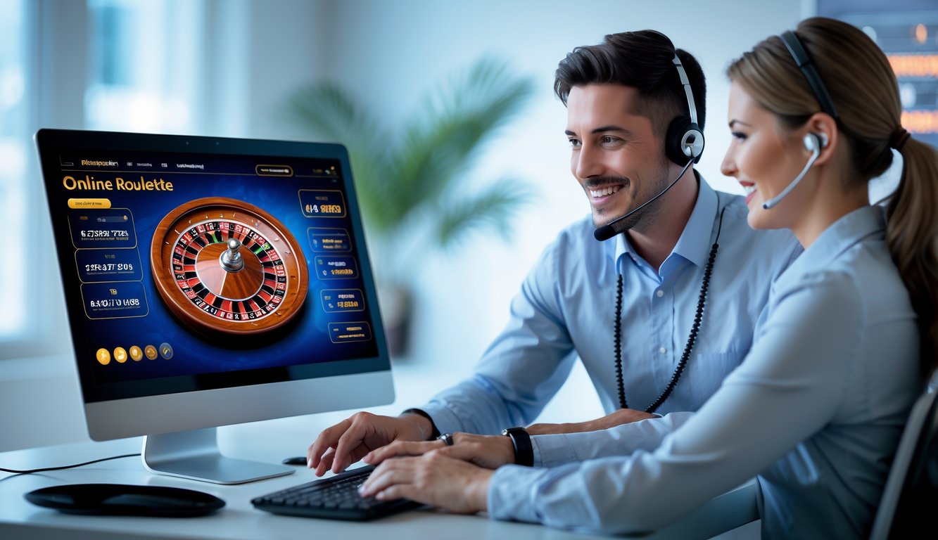 Seorang perwakilan layanan pelanggan dengan headset membantu pemain di depan layar komputer yang menampilkan roda roulette online yang berwarna-warni dan jelas.