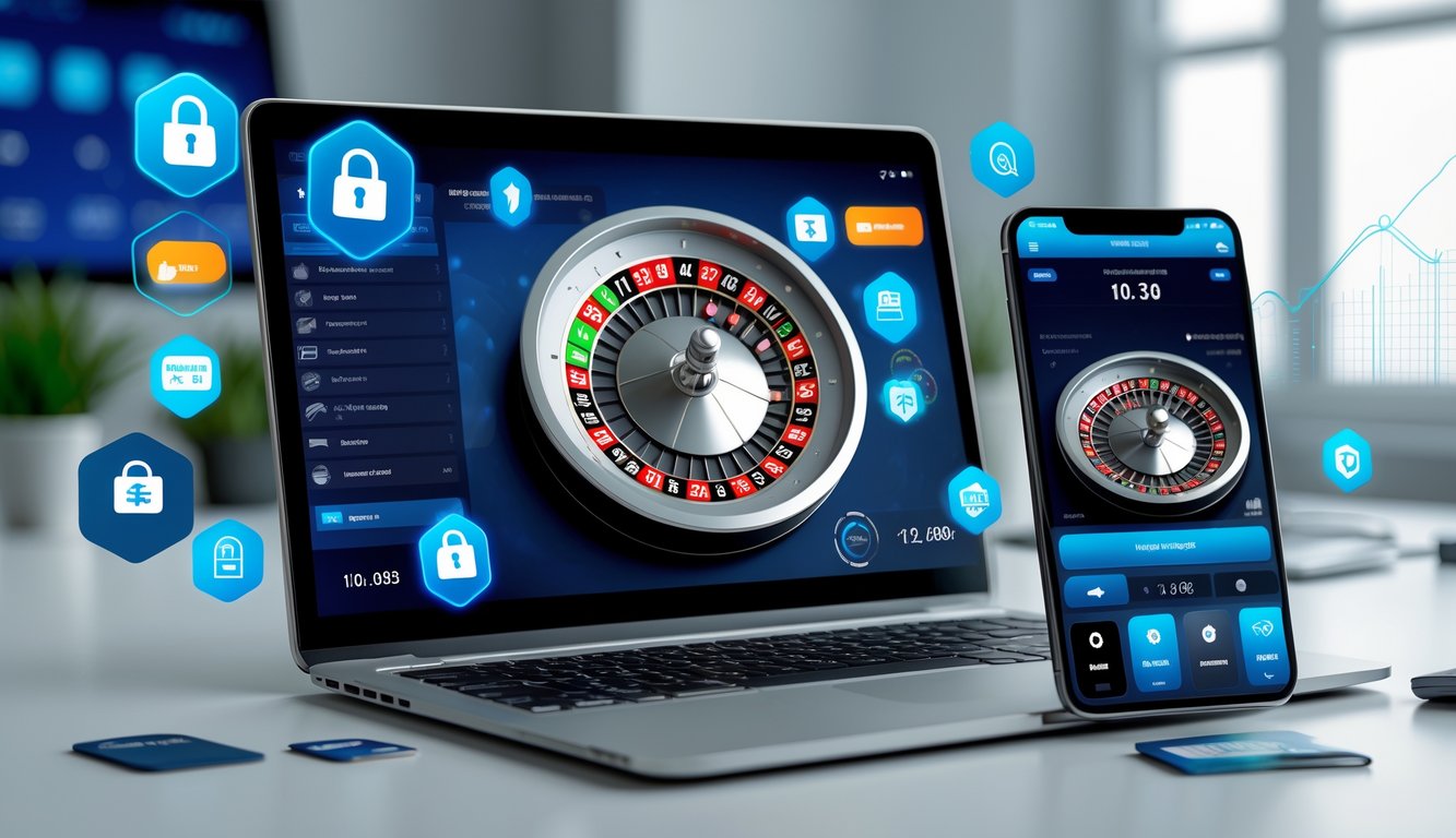 Seorang pengguna sedang bermain roulette online di laptop dan ponsel dengan ikon pembayaran yang aman di sekitar perangkat.