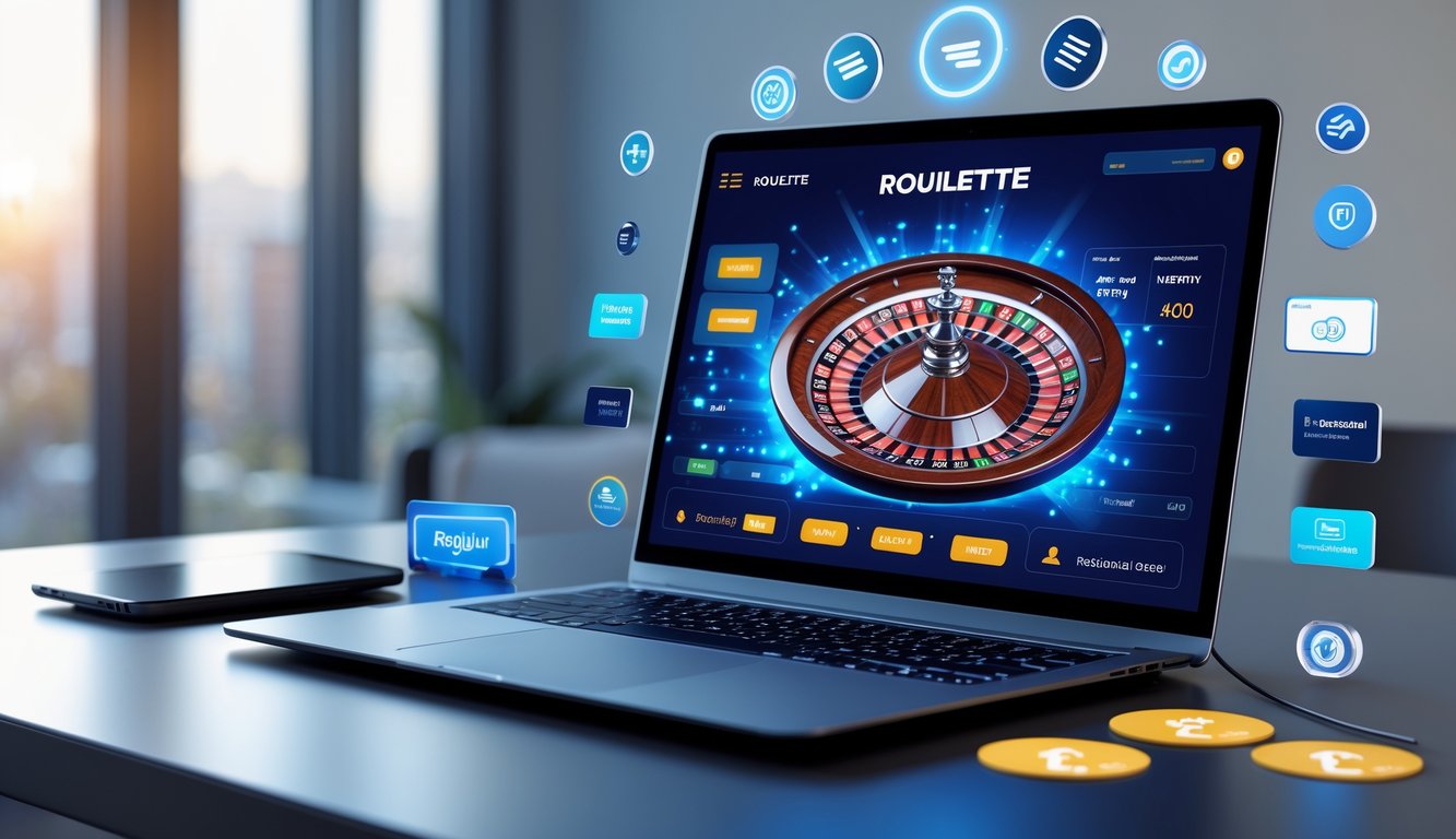 Seorang pengguna sedang bermain roulette online di laptop dengan ikon metode pembayaran aman di sekitar layar.
