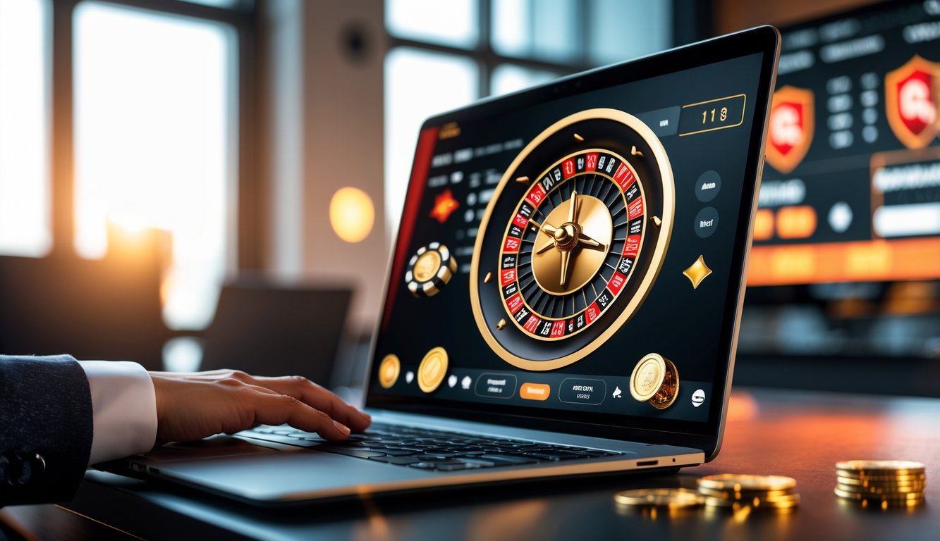 Sebuah komputer menampilkan roda roulette digital yang berputar di ruang kerja yang bersih dan terang dengan simbol keamanan di latar belakang.