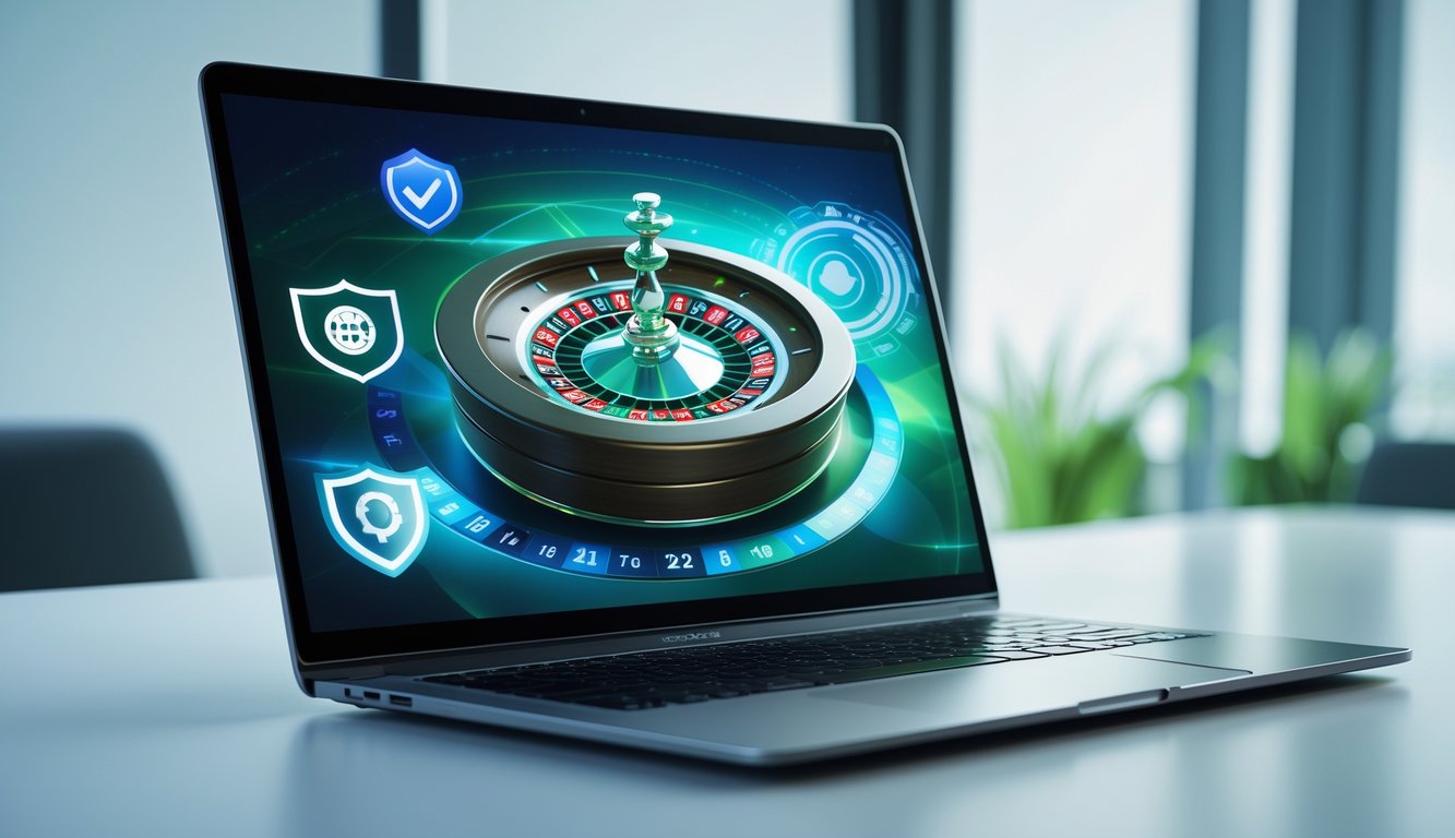 Layar komputer menampilkan roda roulette online yang berputar di lingkungan permainan yang aman dan terpercaya.