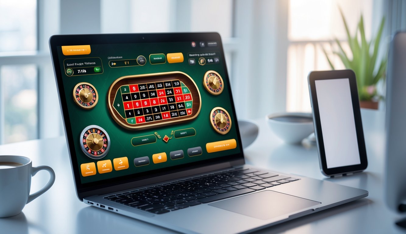 Seorang pemain menggunakan laptop dengan tampilan permainan roulette online di meja kerja yang terang dan rapi.