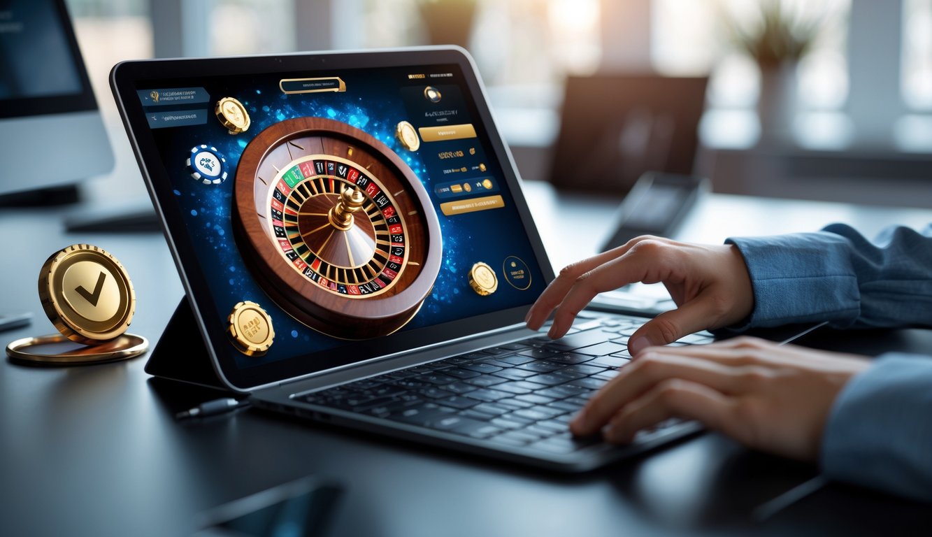 Seseorang menggunakan perangkat digital yang menampilkan roda roulette online resmi dengan latar ruang kerja yang bersih dan pencahayaan terang.