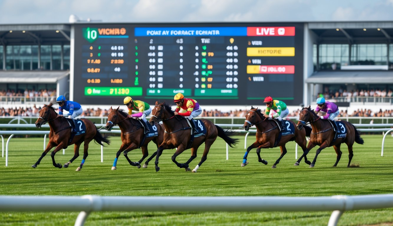 Beberapa kuda pacuan dengan joki sedang berlomba di lintasan balap kuda dengan papan skor digital dan penonton di latar belakang.