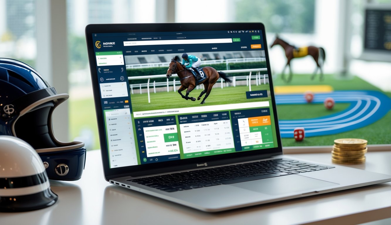 Sebuah ruang kerja modern dengan komputer yang menampilkan platform taruhan balap kuda, dilengkapi dengan helm joki dan model kuda kecil di sekitarnya.