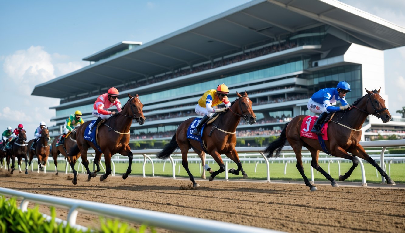 Balapan kuda di lintasan dengan joki mengenakan pakaian berwarna-warni dan penonton di tribun modern di latar belakang.