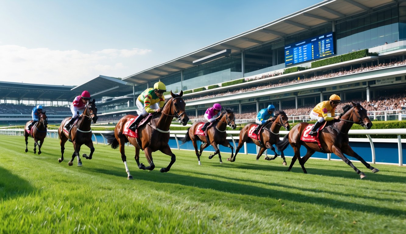 Beberapa kuda pacuan berlari cepat di lintasan balap dengan joki mengenakan pakaian warna-warni, di depan tribun penonton yang ramai di sebuah arena balap kuda di Singapura.