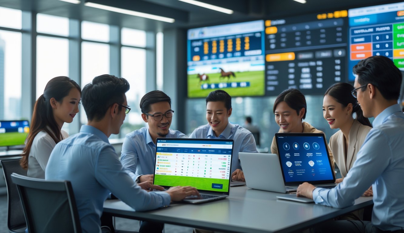 Orang-orang menggunakan perangkat digital untuk memasang taruhan balap kuda dengan latar belakang layar besar menampilkan balapan dan simbol keamanan.