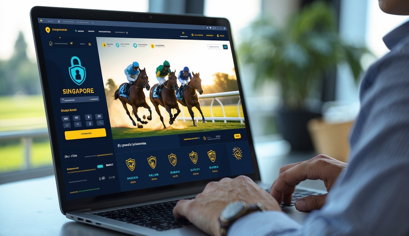 Seseorang menggunakan komputer yang menampilkan grafik balap kuda dengan latar belakang lintasan balap kuda dan suasana kerja yang rapi.