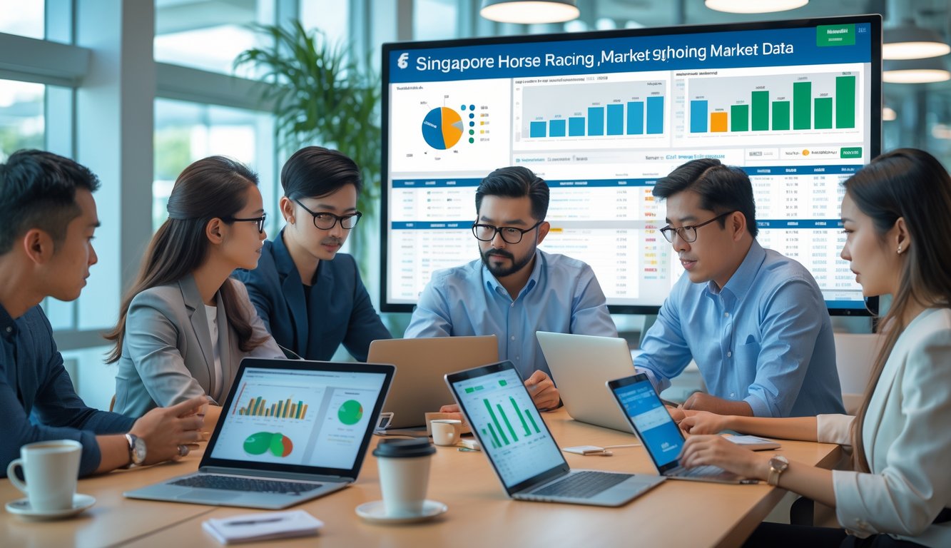 Sekelompok orang sedang menganalisis data balap kuda di sebuah kantor modern dengan layar digital dan perangkat elektronik.