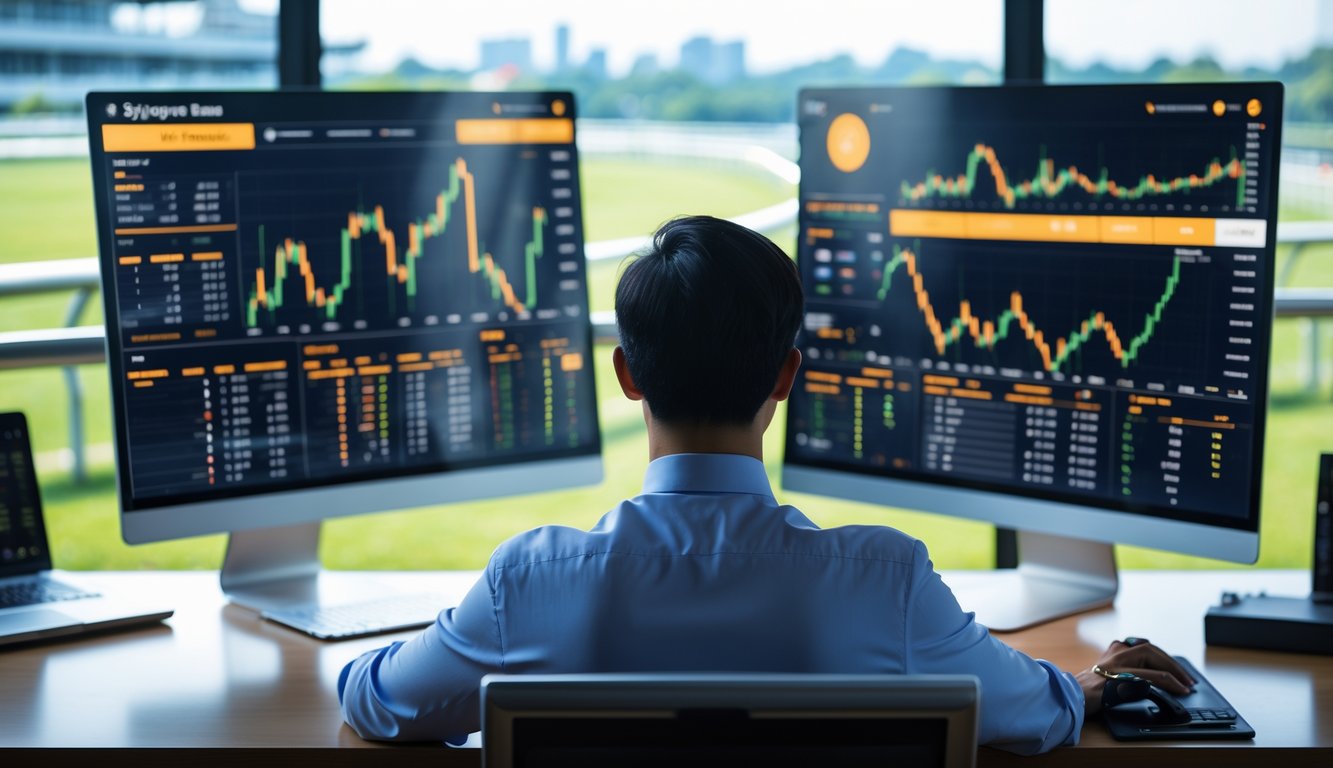 Seorang pria berpakaian rapi sedang menganalisis data balap kuda di depan beberapa layar komputer dengan latar belakang lintasan balap kuda.