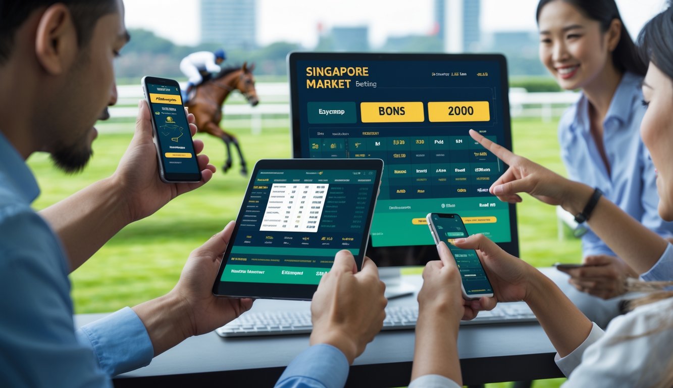 Orang-orang sedang menggunakan perangkat digital untuk memasang taruhan pada balapan kuda dengan latar belakang kuda berlari di lintasan.