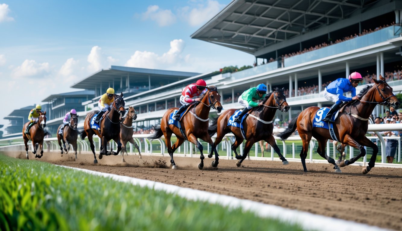 Beberapa kuda pacu dengan joki sedang berlomba di lintasan balap dengan penonton dan tribun di latar belakang.