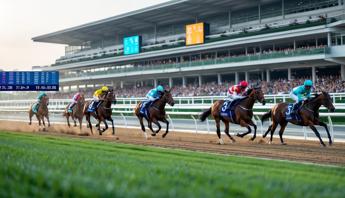 Lomba pacuan kuda berlangsung dengan beberapa kuda dan joki berlomba di lintasan, penonton terlihat di tribun dan layar menampilkan hasil dan statistik balapan.