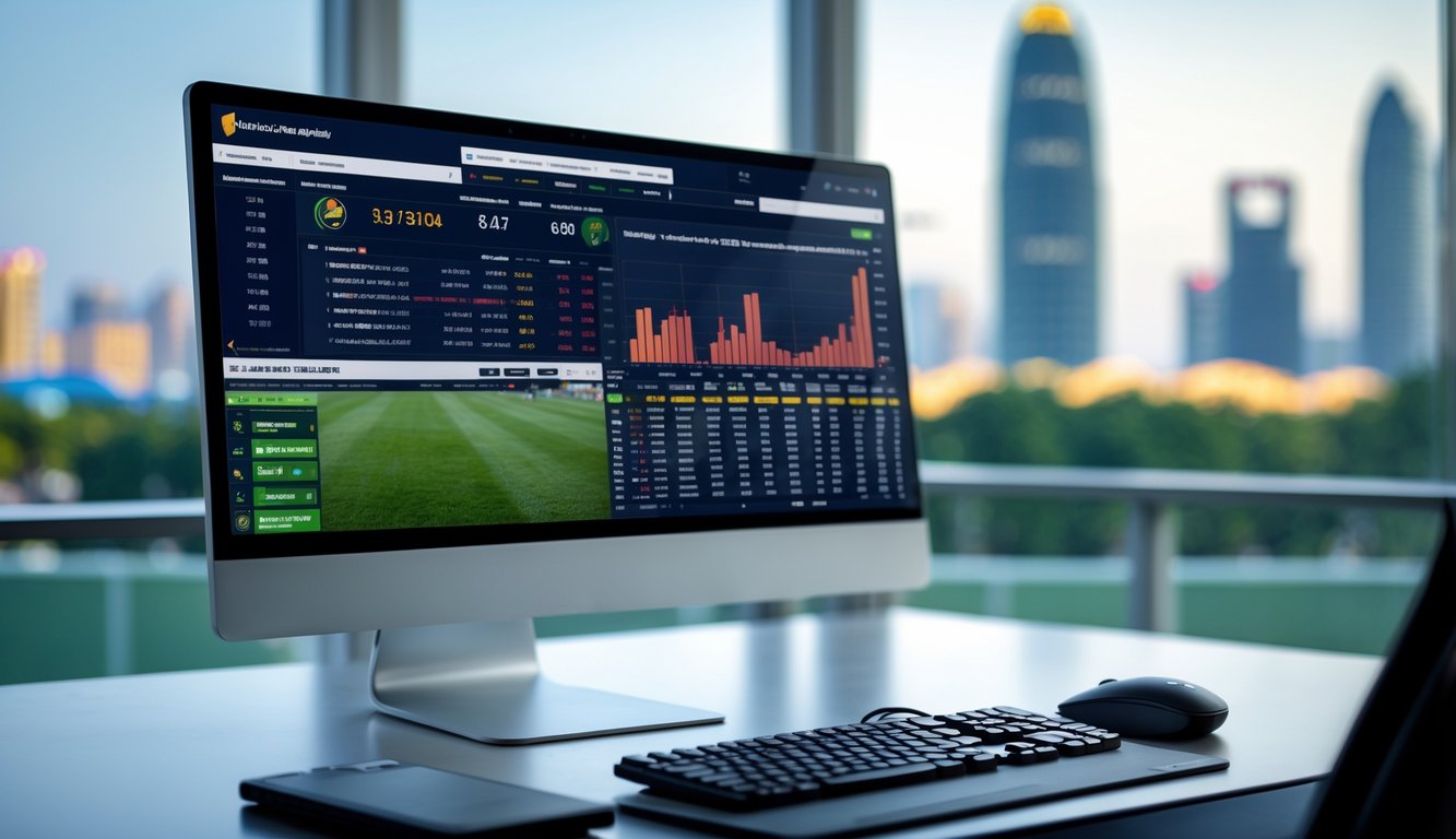 Meja kerja dengan komputer menampilkan hasil balap kuda dan statistik lengkap, dengan latar belakang kota di Singapura.