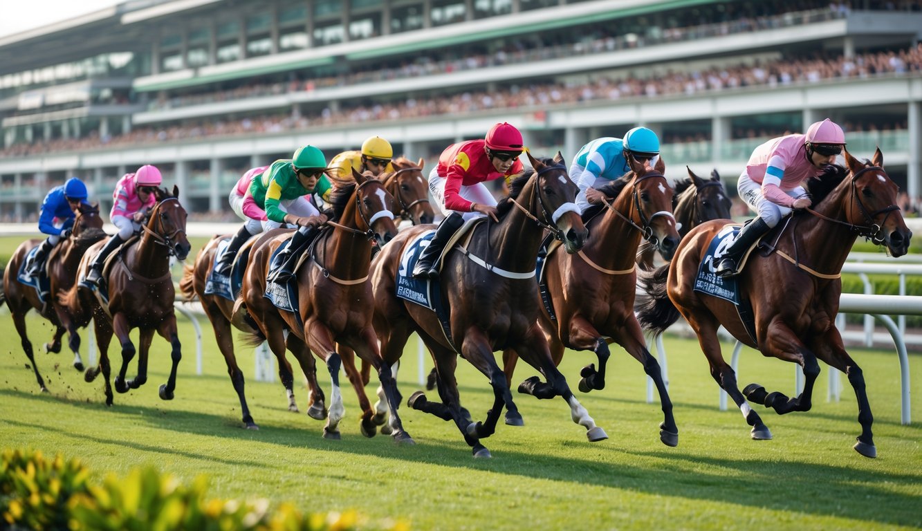 Beberapa kuda pacuan dengan joki berwarna-warni berlari cepat di lintasan balap kuda di Singapura dengan penonton di tribun latar belakang.