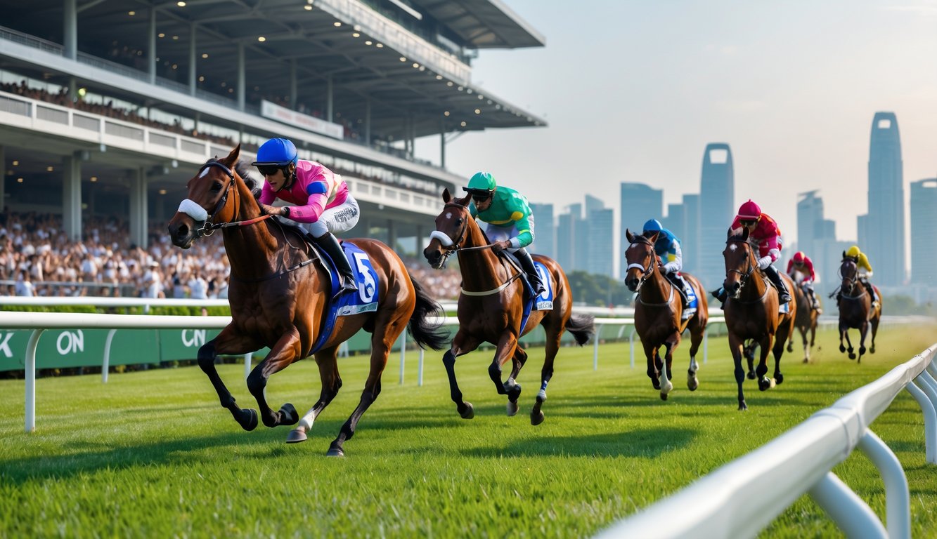 Beberapa kuda pacuan dan joki sedang berlomba di lintasan pacuan kuda dengan latar belakang penonton dan gedung-gedung kota Singapura.