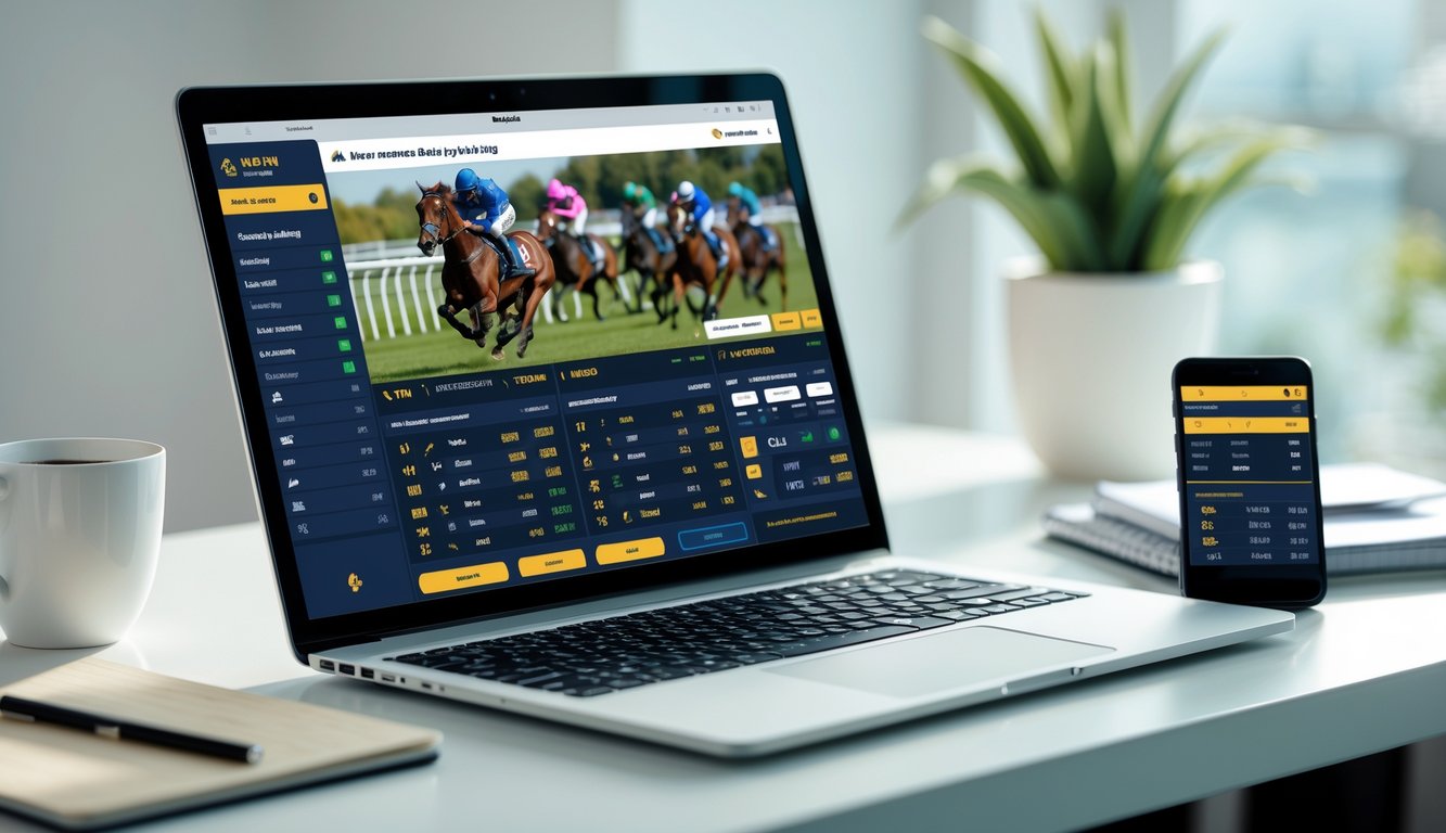 Layar laptop dan ponsel menampilkan platform taruhan balap kuda dengan latar meja kerja yang rapi dan pencahayaan alami.