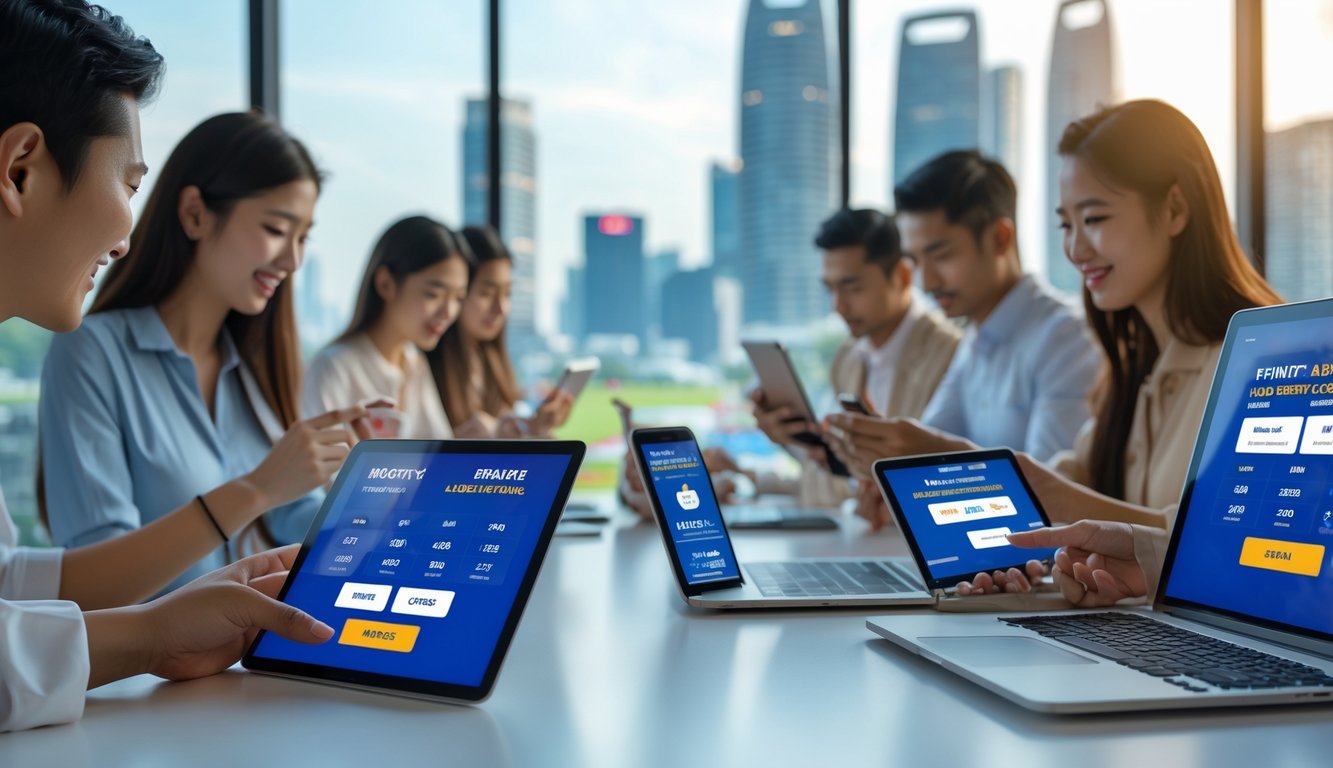 Orang-orang menggunakan perangkat elektronik untuk memasang taruhan balap kuda secara online dengan latar belakang pemandangan kota Singapura.