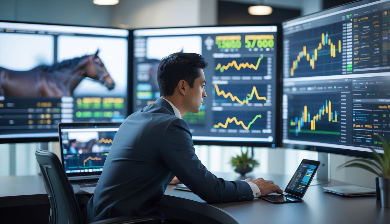 Seorang pria sedang menganalisis data dan grafik tentang balap kuda di depan beberapa layar komputer di sebuah kantor.