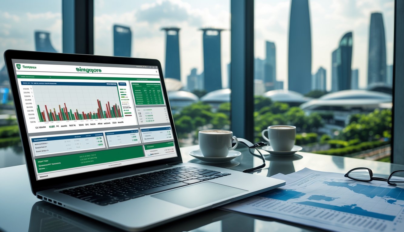 Seorang profesional sedang bekerja dengan laptop yang menampilkan data balap kuda dan peta Singapura di meja kerja dengan laporan dan kopi.