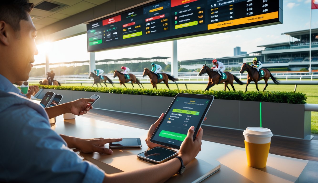 Suasana platform balap kuda di Singapura dengan orang-orang memasang taruhan menggunakan perangkat digital di dekat lintasan balap kuda.