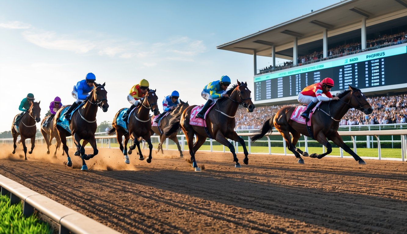 Lomba pacuan kuda dengan beberapa kuda dan joki sedang berlari di lintasan, penonton di tribun, dan papan taruhan digital di latar belakang.