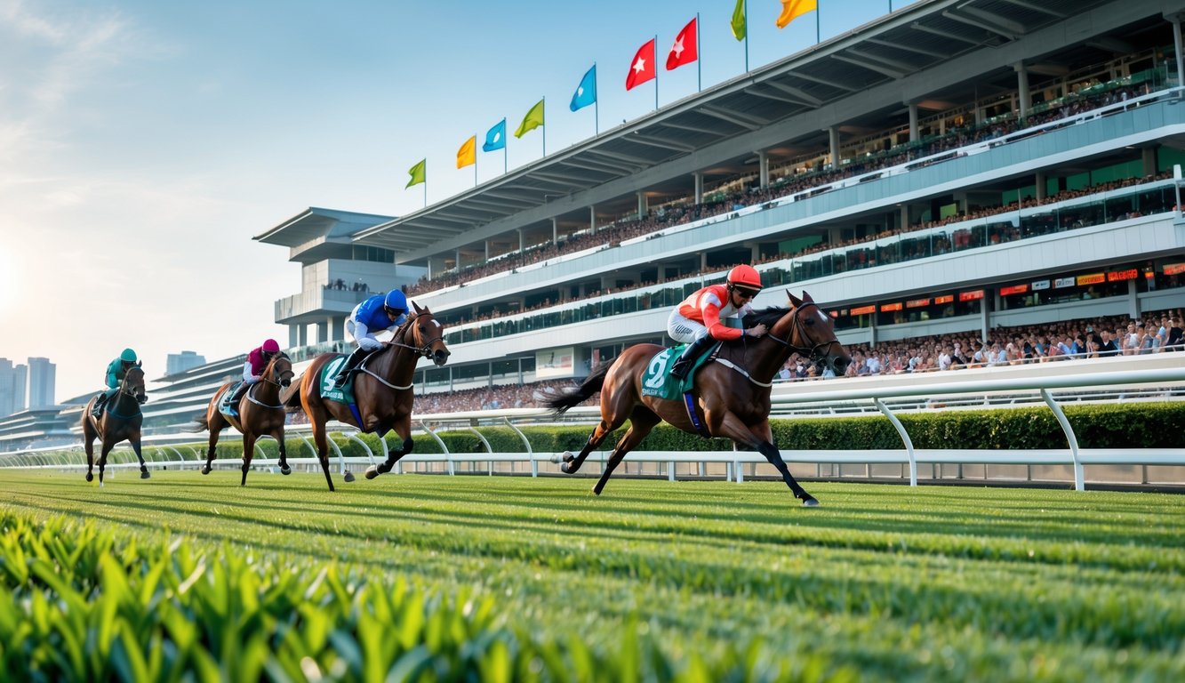 Adegan balap kuda di lintasan dengan joki mengendarai kuda, penonton di tribun, dan bendera berwarna-warni di latar belakang.
