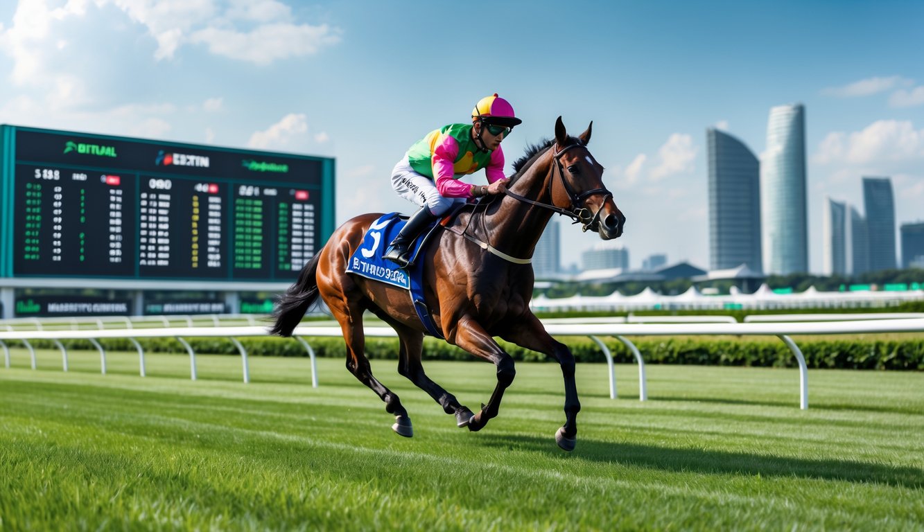 Seekor kuda pacu berlari cepat dengan joki di atasnya di lintasan balap kuda yang hijau dan cerah, dengan papan skor digital di latar belakang.