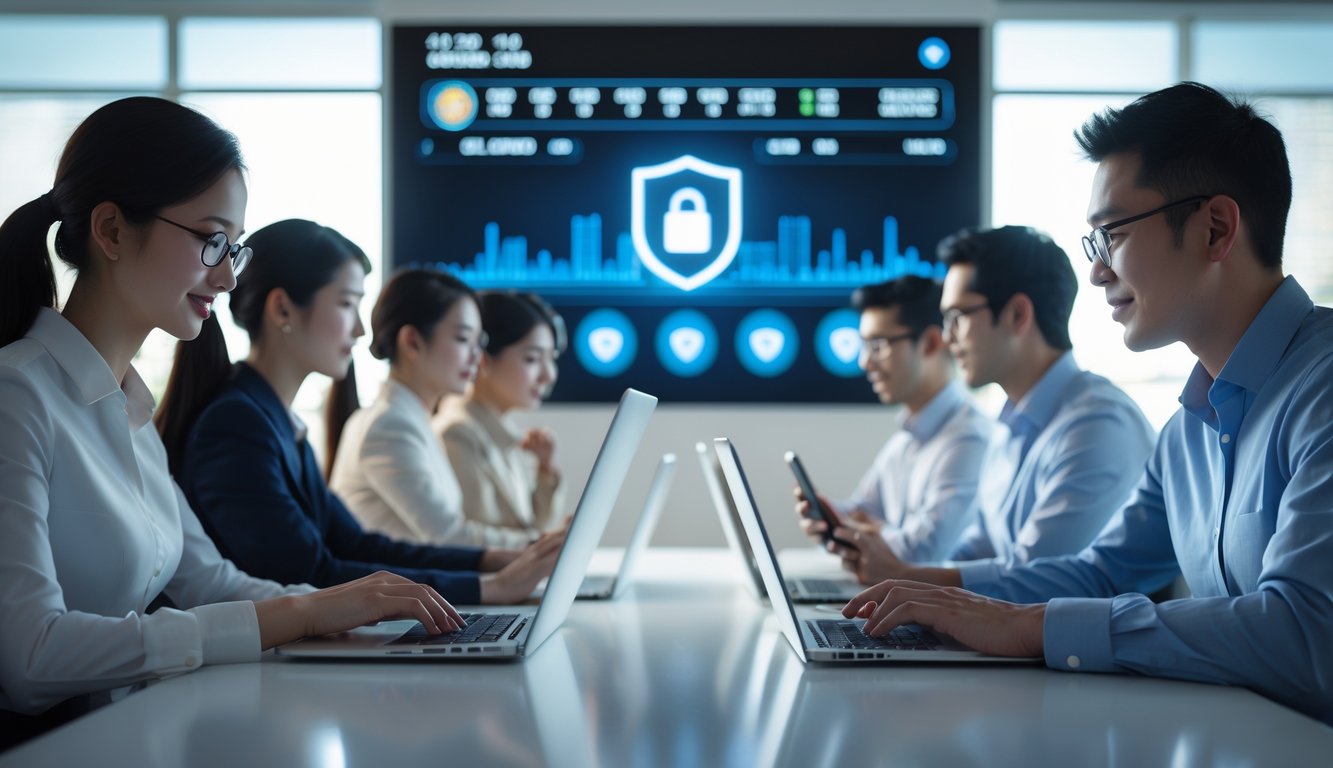 Orang-orang menggunakan perangkat digital di kantor modern dengan tampilan balap kuda dan ikon keamanan digital.